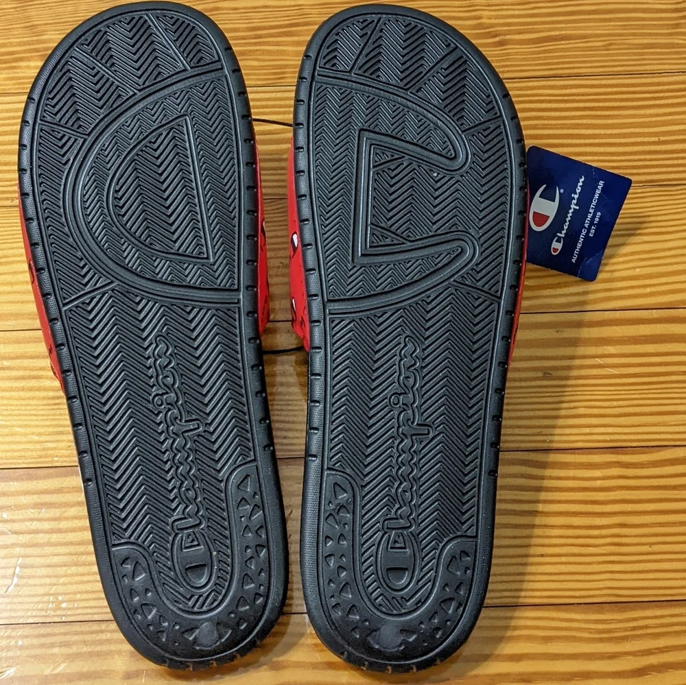 Champion Red, Black,& White Repeated Logo Slides for Men, Size 13, NWT